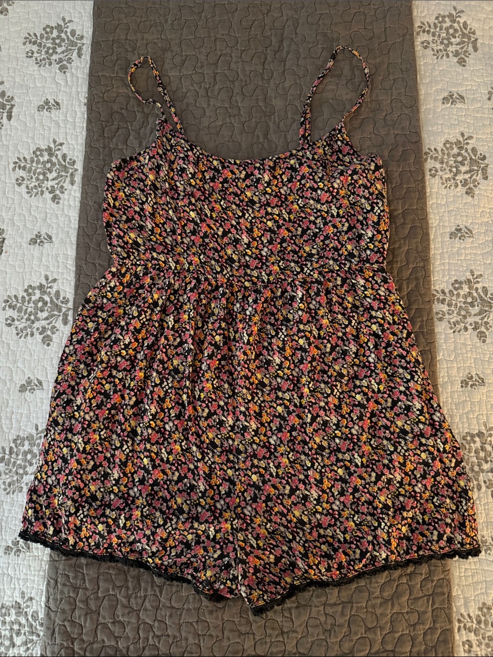 Wet Seal Black Floral Romper with Pink & Yellow Flowers
